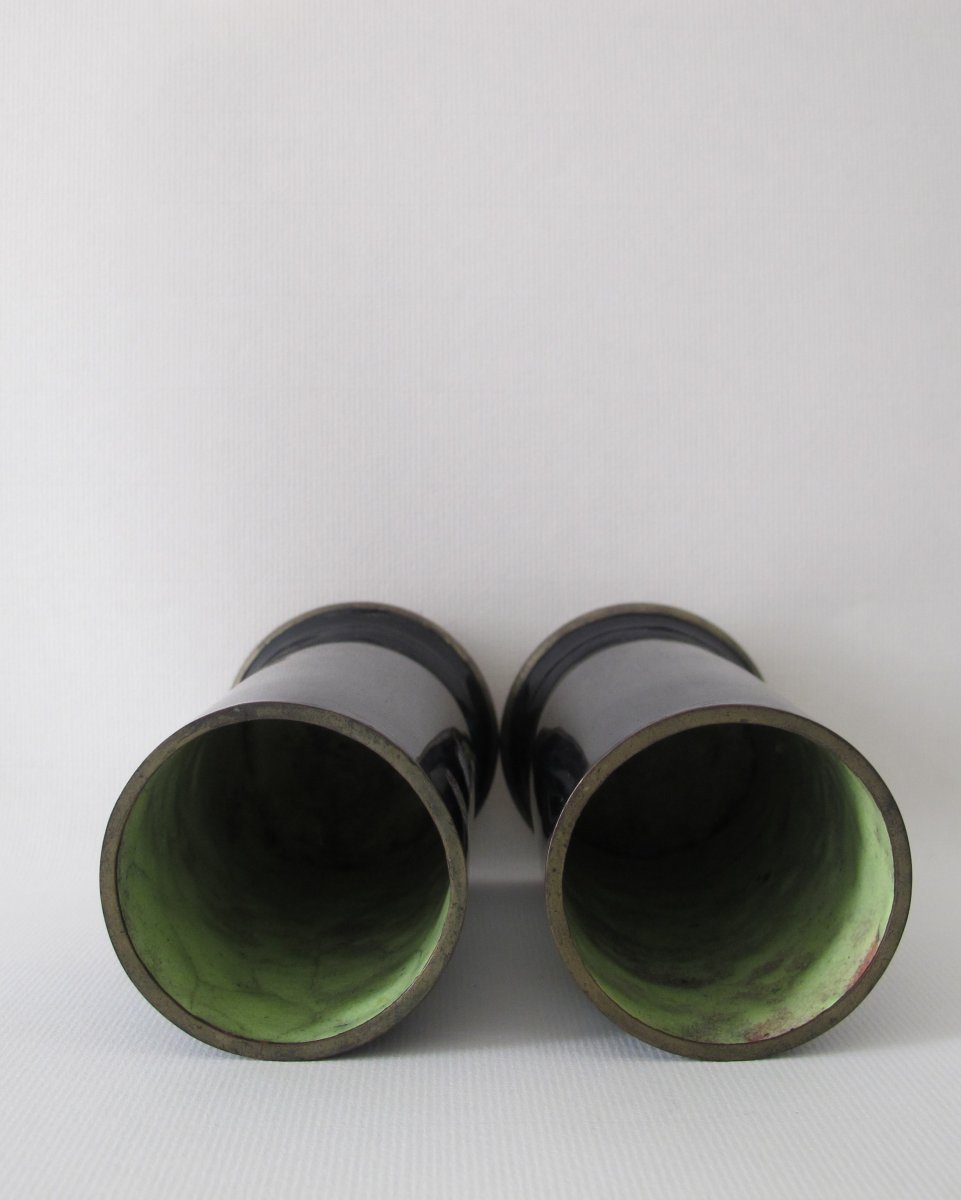 Pair Of Cylindrical Vases In Copper And Cloisonné Enamels With Iris Decor.-photo-2