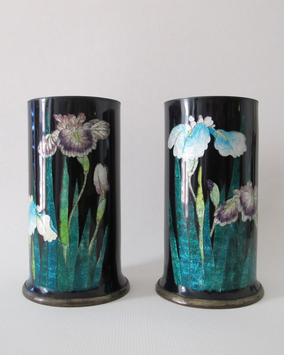 Pair Of Cylindrical Vases In Copper And Cloisonné Enamels With Iris Decor.