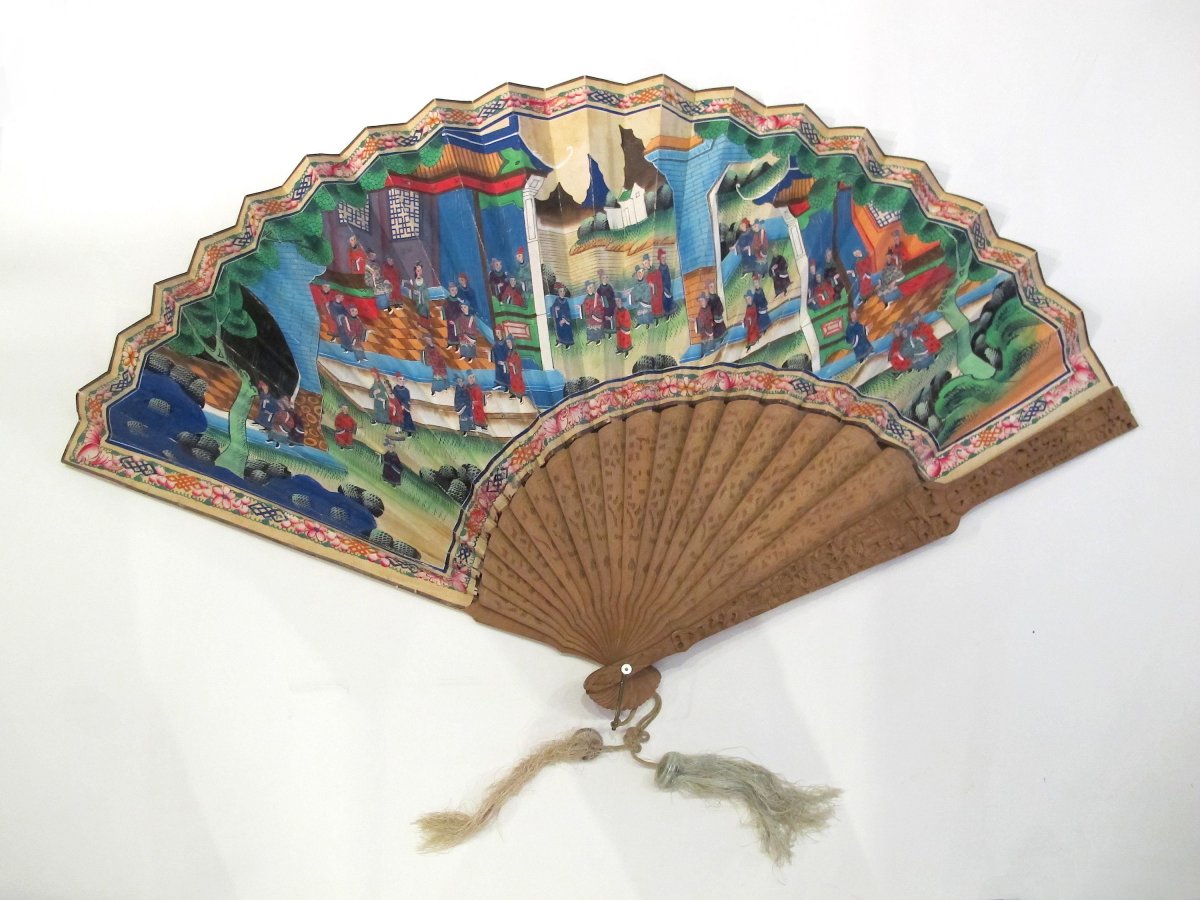 Cantonese Asymmetrical Hand Fan, Sandalwood, China, 19th Century-photo-2