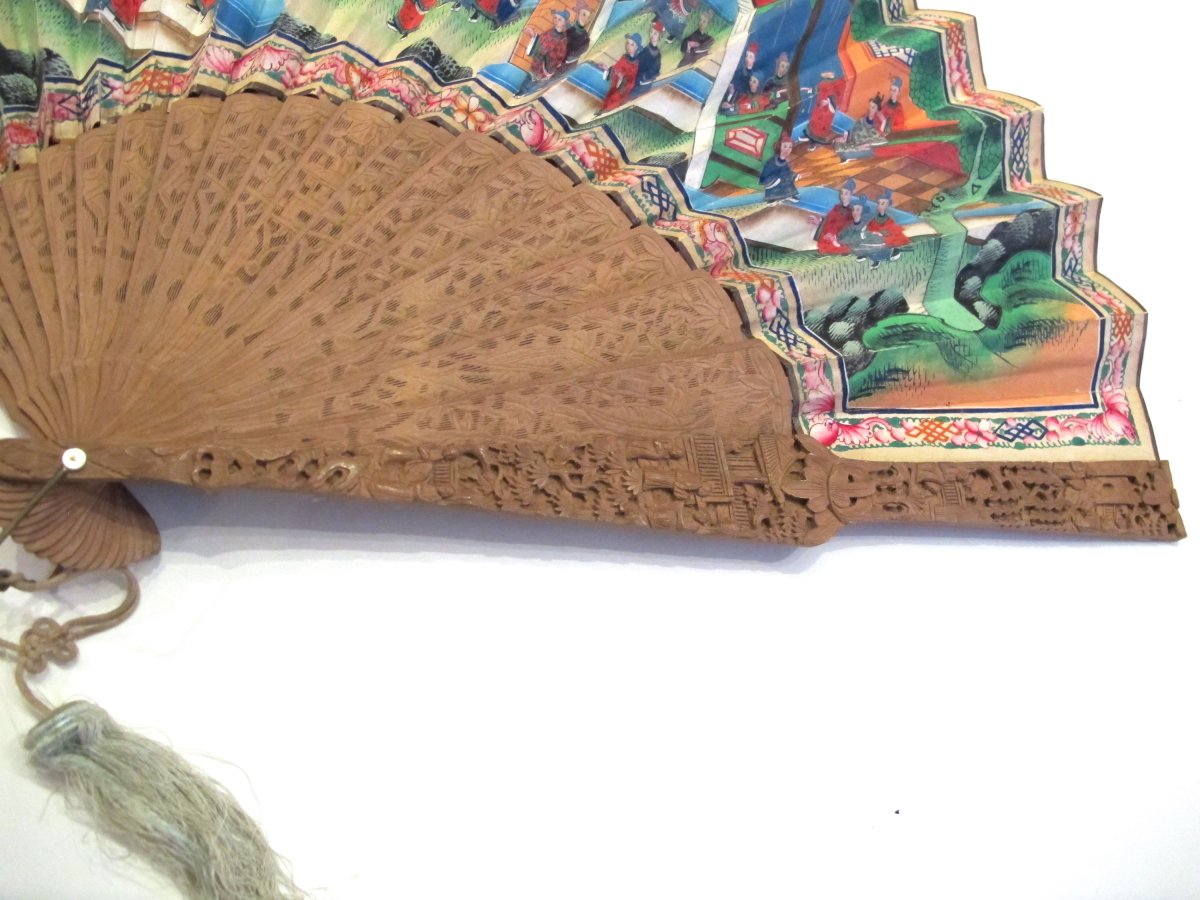 Cantonese Asymmetrical Hand Fan, Sandalwood, China, 19th Century-photo-1