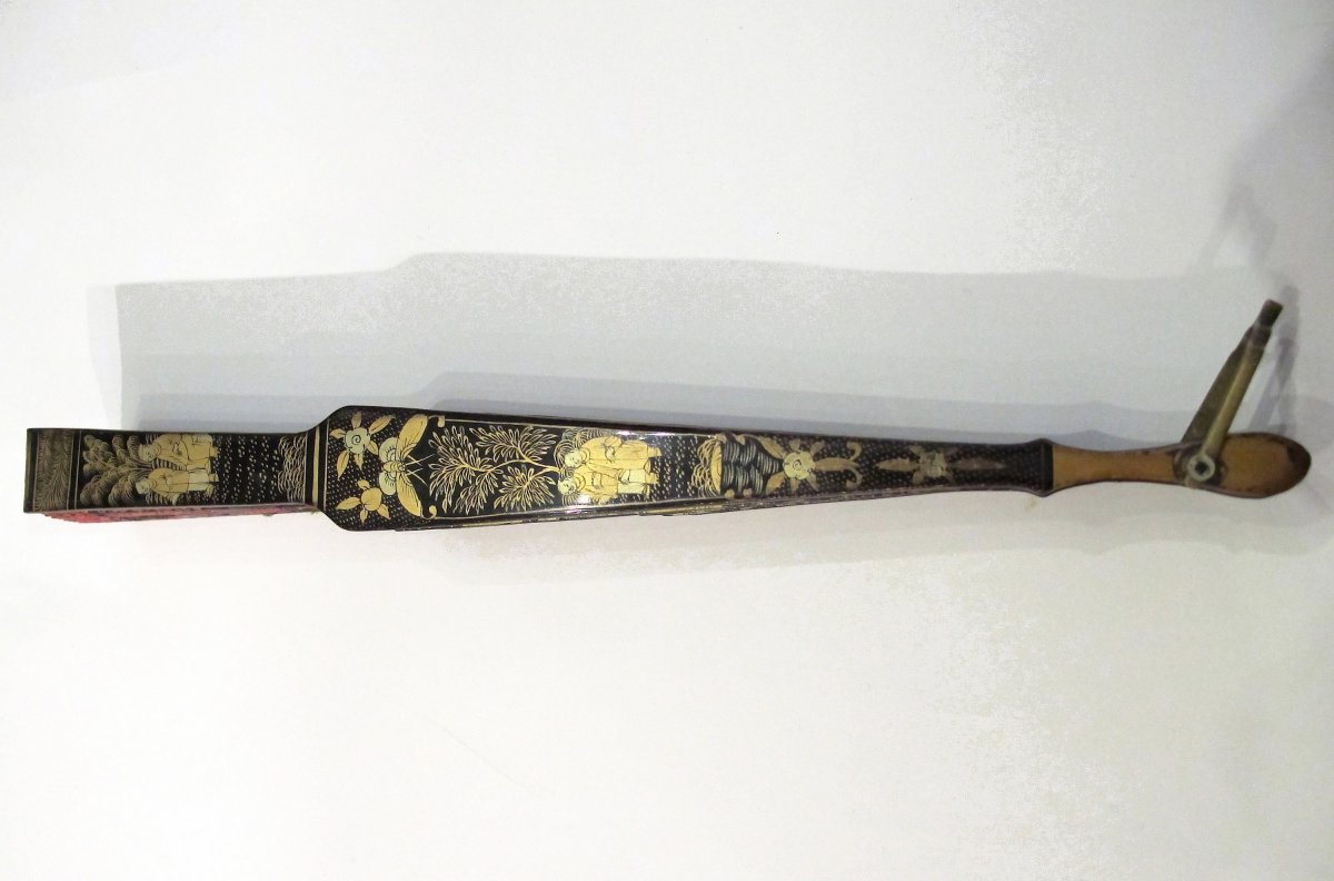 Large Cantonese Asymmetrical Hand Fan, Lacquer Wood, China, 19th Century-photo-8