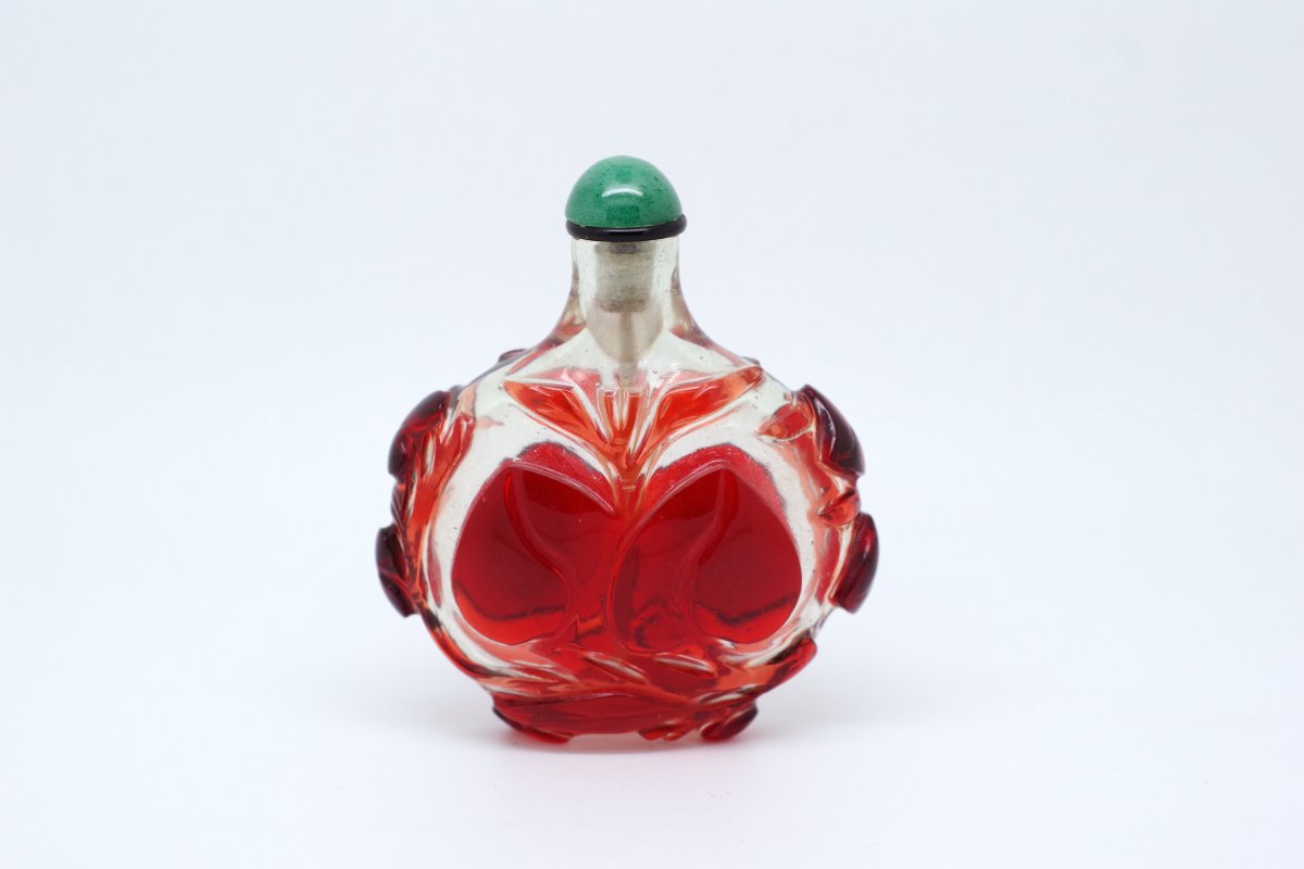 Chinese Snuff Bottle Glass Overlay Red On Transparent Background, Peaches Decor, 19th China