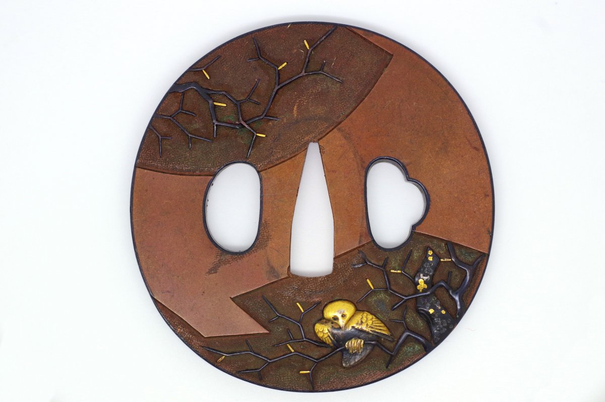 Tsuba En Cuivre, Bronze Et Or Décorée d'Oiseaux, Japon, Fin Edo