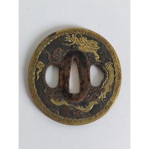 Tsuba En Shakudo à Décor De Dragon