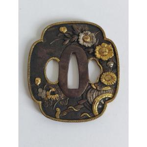 Tsuba In Shakudo With Flower Decor