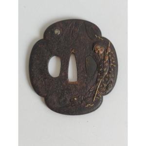 Tsuba Mokkogata En Fer à Décor d'Un Sennin