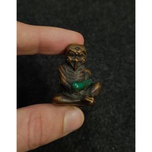 Netsuke - Kappa Au Concombre - Bois Et Os