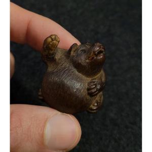 Netsuke - Tanuki With Swollen Belly - Wood 