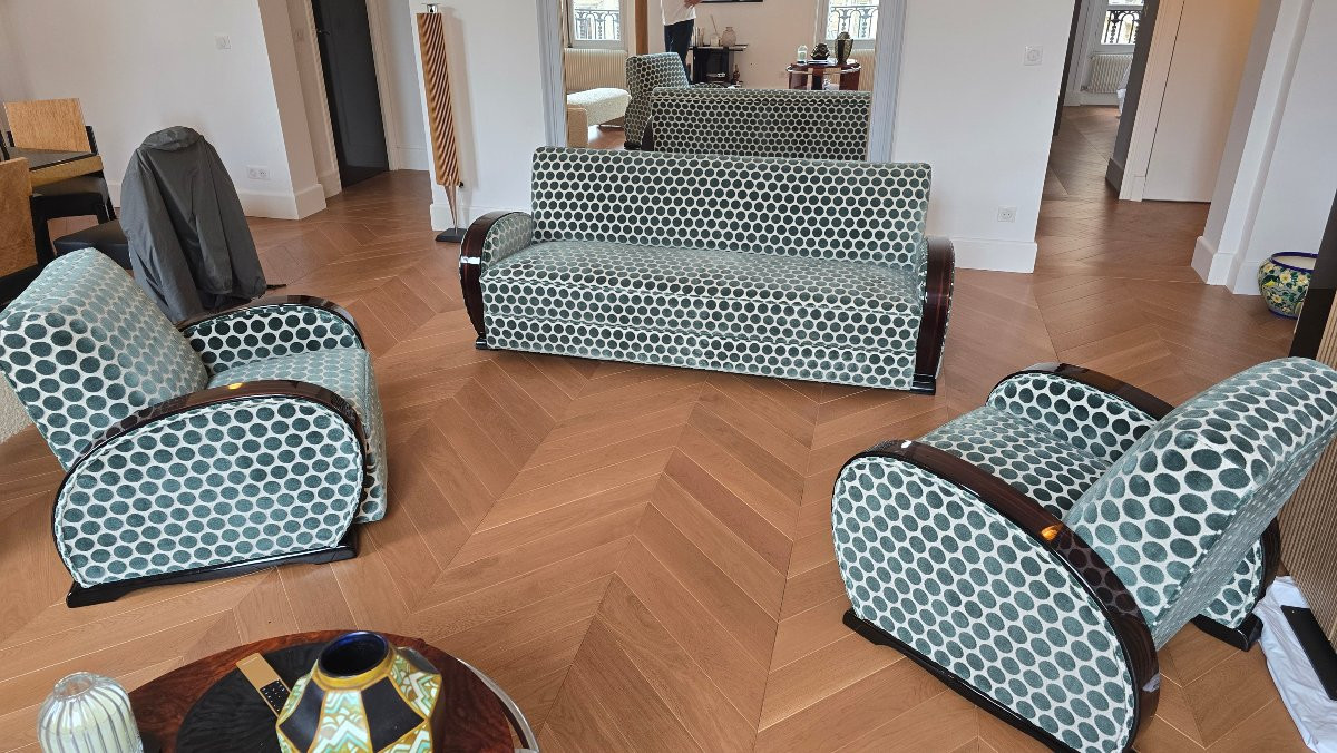 Salon fauteuils,canapé club art deco en ébène de Macassar-photo-2