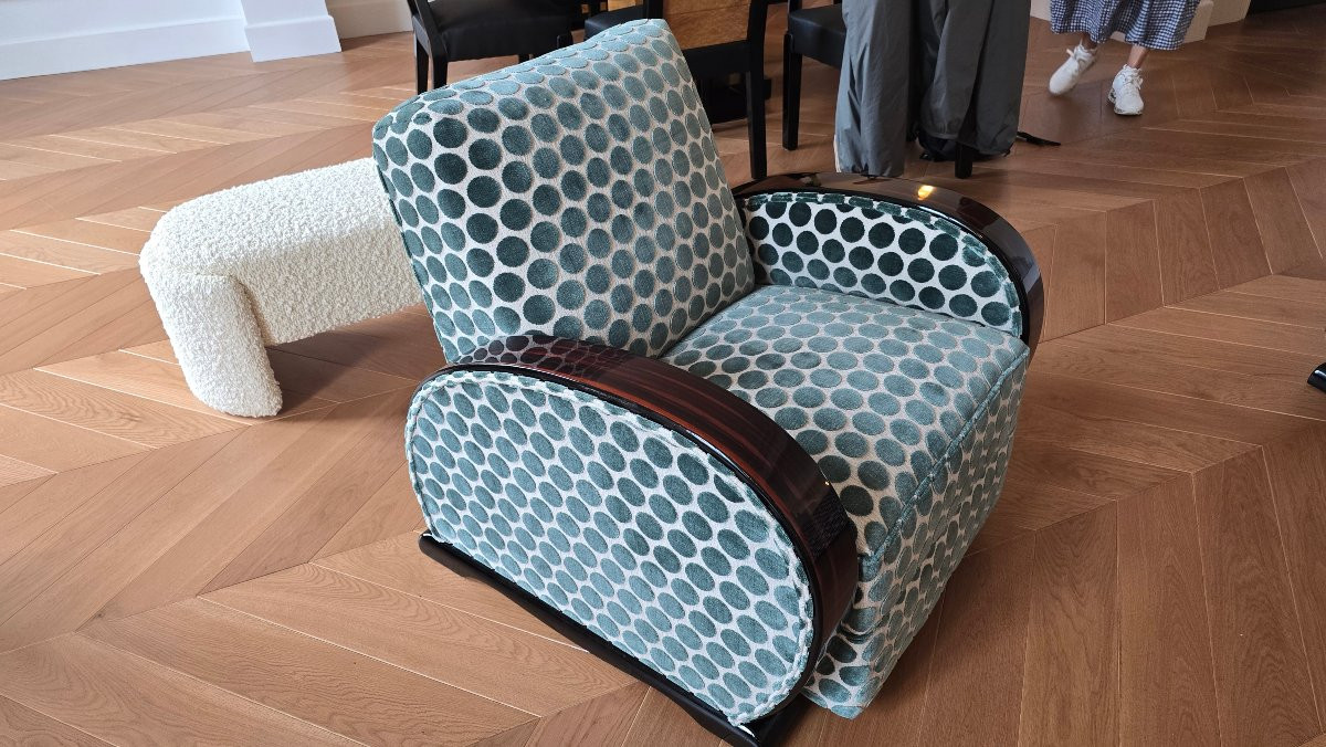 Salon fauteuils,canapé club art deco en ébène de Macassar-photo-3