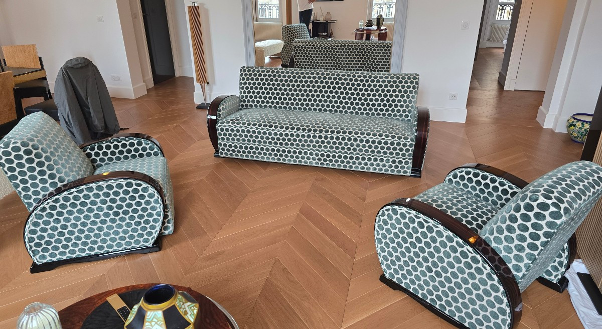 Salon fauteuils,canapé club art deco en ébène de Macassar