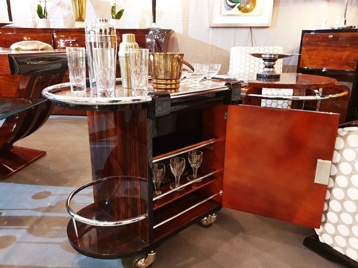 Bar art deco a roulettes en ébène de Macassar 