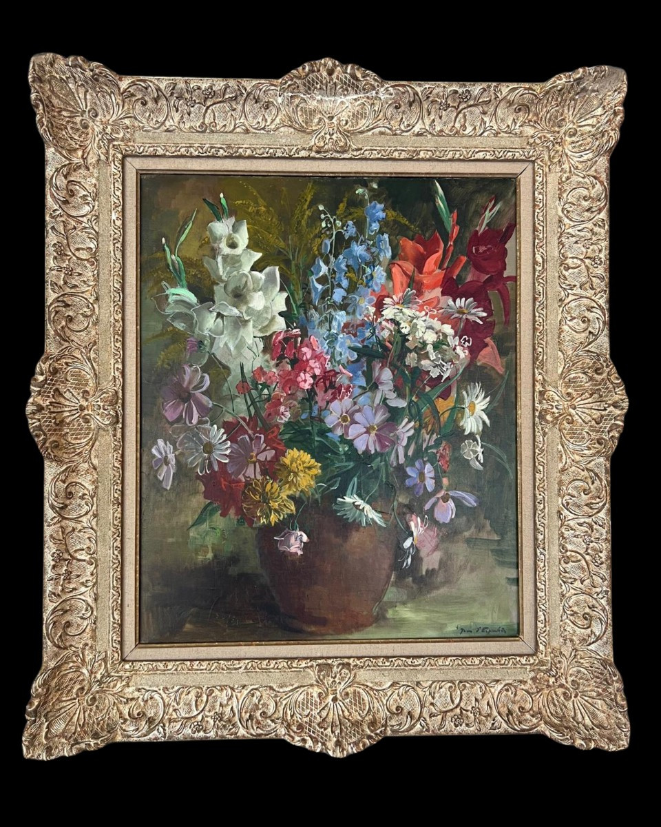 Oil On Canvas J. d'Esparbes – Bouquet Of Flowers, 20th Century 