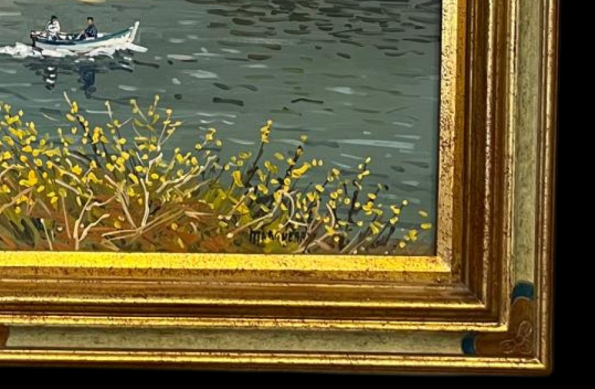 Oil On Canvas - Margueray – Lively Riverbank, 20th Century-photo-2