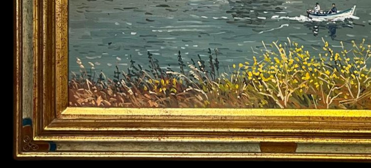 Oil On Canvas - Margueray – Lively Riverbank, 20th Century-photo-1