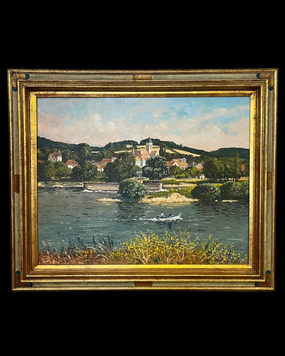 Oil On Canvas - Margueray – Lively Riverbank, 20th Century