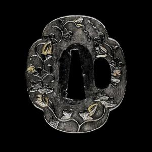Tsuba Mokko-gata In Shakudō With Plant Decoration – Japan, Edo Period (17th–19th Century)
