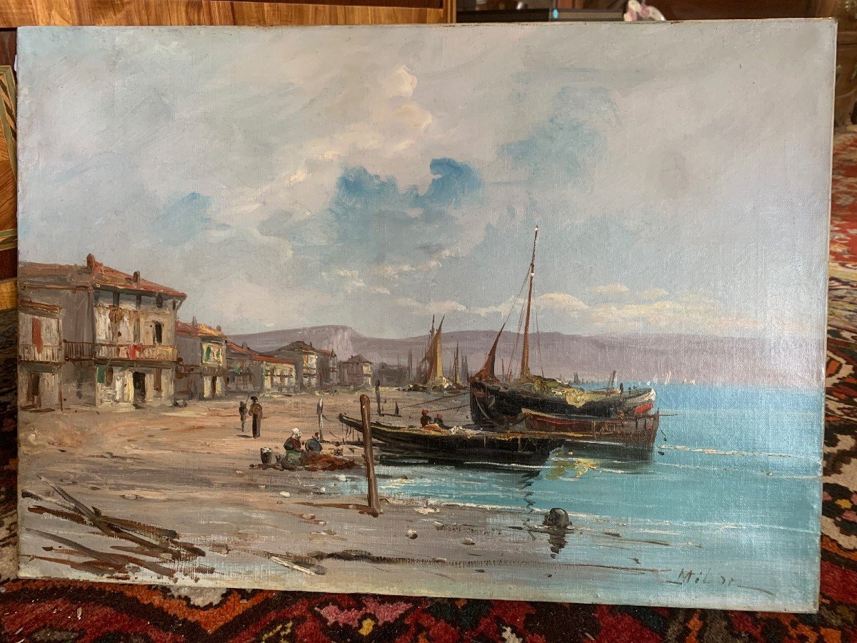 Painting Fishing Port Signed Milon Late 19th