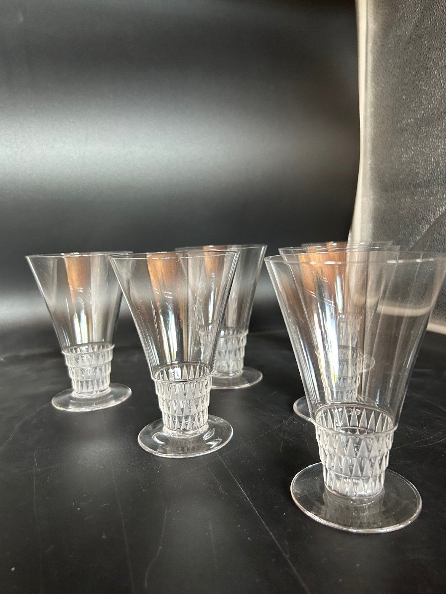 6 Lalique Crystal Glasses Bourgueil Model Height 12.7 Cm Art Deco-photo-3