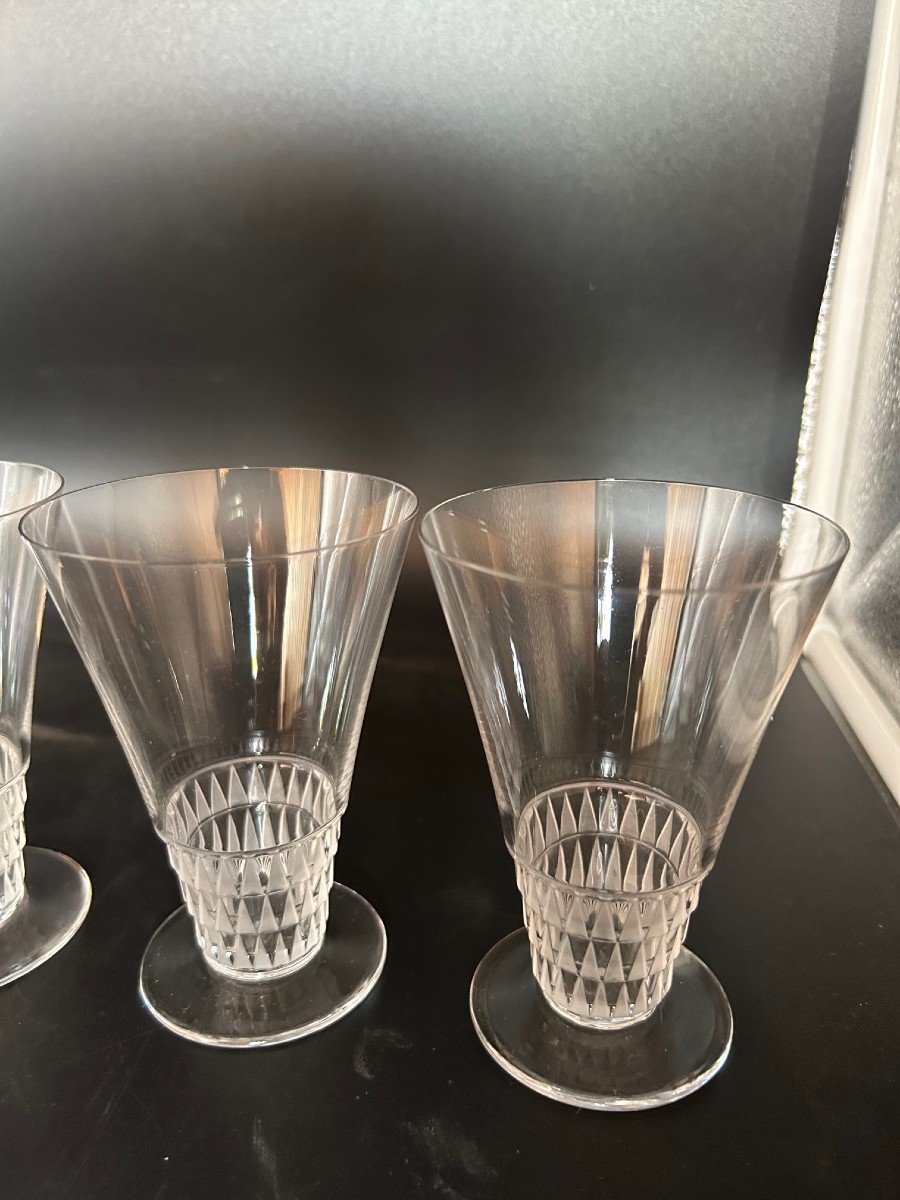 6 Lalique Crystal Glasses Bourgueil Art Deco Model. Height 11.2 Cm-photo-3