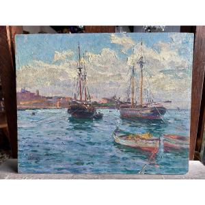 Tableau Marine Signé Adolphe Louis Gaussen. Port De Marseille ?