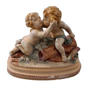 Hand Painted Terracotta Sculpture Representing "les Amours" Signed Cholin