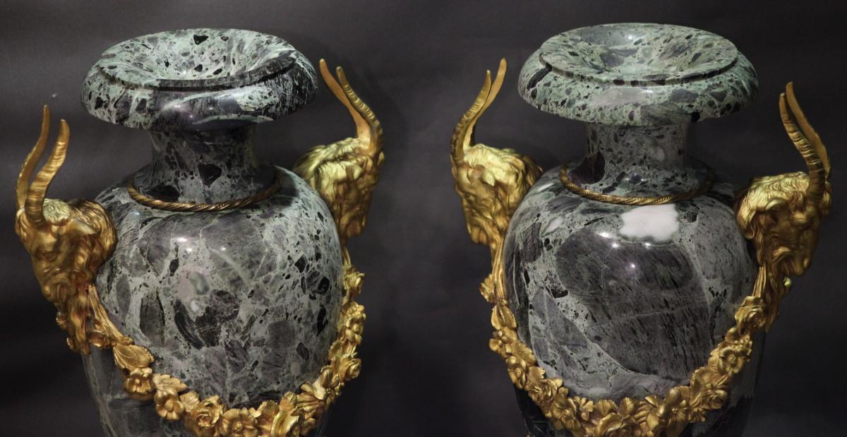 Paire de GRANDS Vases, Pots, Cassolettes en Marbre Vert Antique, Monture Bronze-photo-1