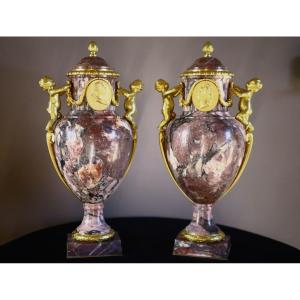 Pair Of Pots - Susse Freres - Marble And Bronze