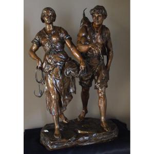 RARE GRAND GROUPE EN BRONZE - EMILE PICAULT - H 80 CM