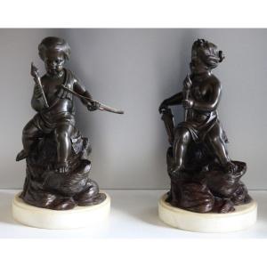 Pair Of Cherubs / Amours In Bronze - Early XIXth