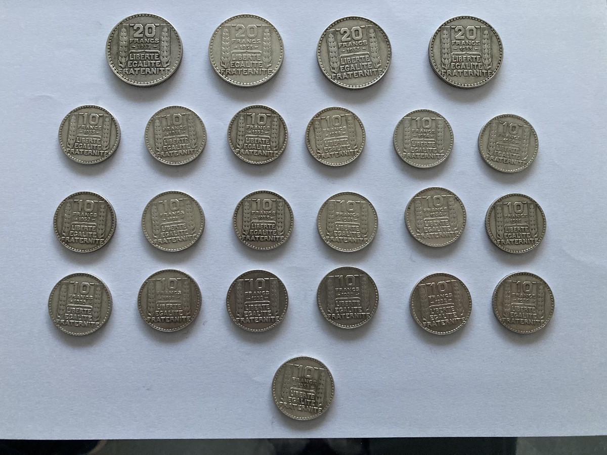 19 Silver 10 Franc Turin Coins And 4 Silver 20 Franc Turin Coins.-photo-3