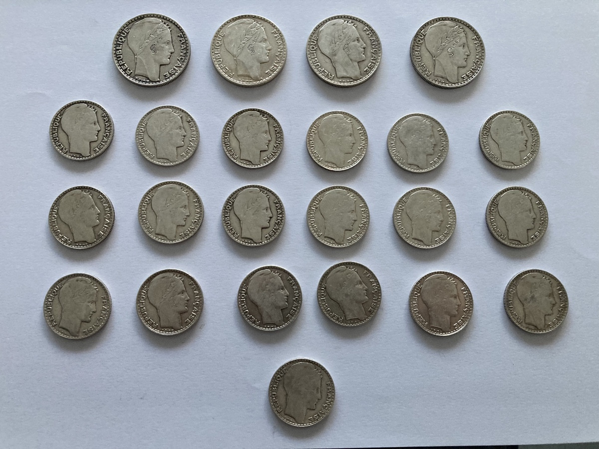 19 Silver 10 Franc Turin Coins And 4 Silver 20 Franc Turin Coins.