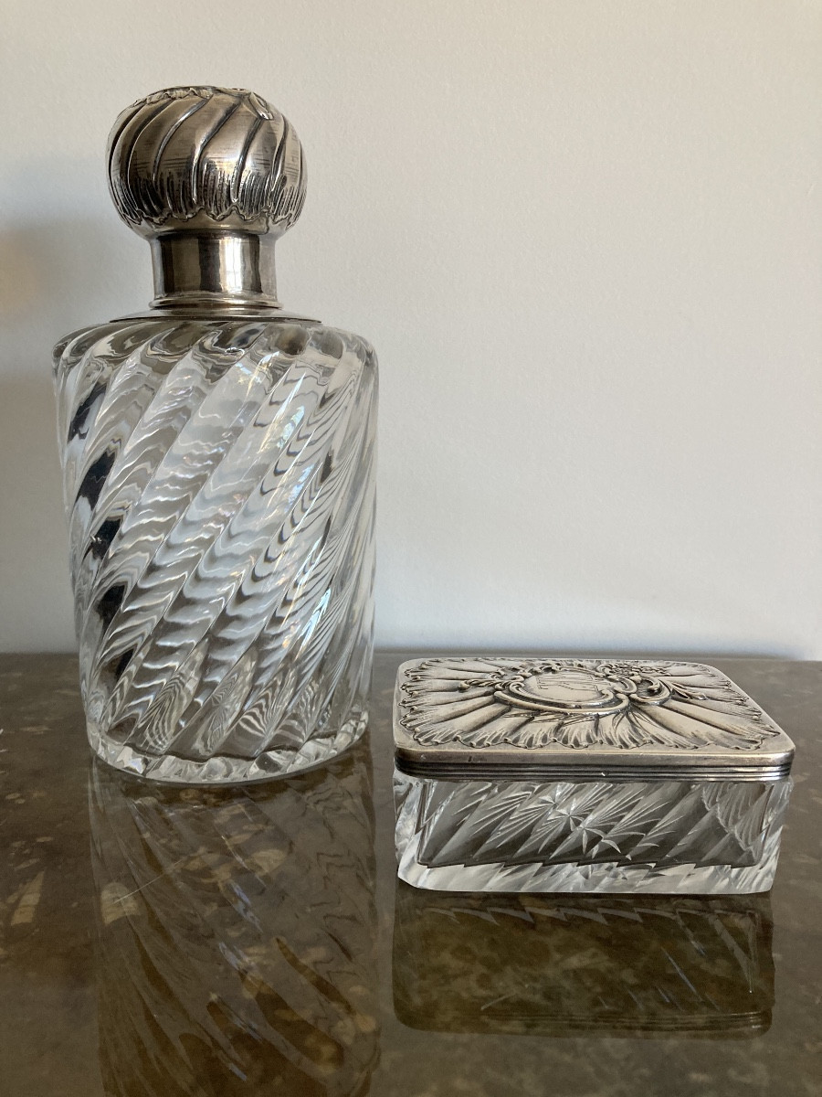 Baccarat Bottle And Box Mounted In Silver