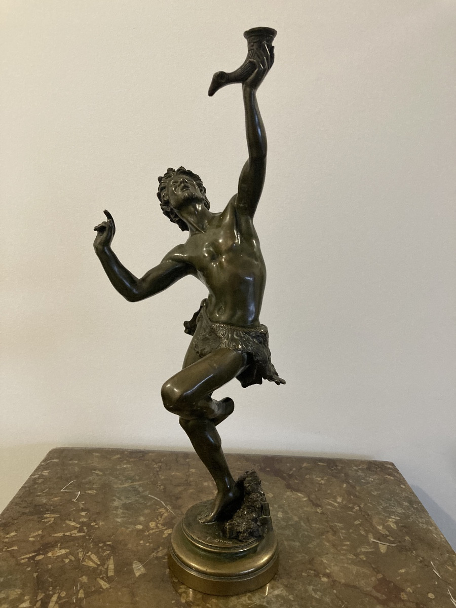 Faune dansant en bronze à patine verte signé E. DAME-photo-2