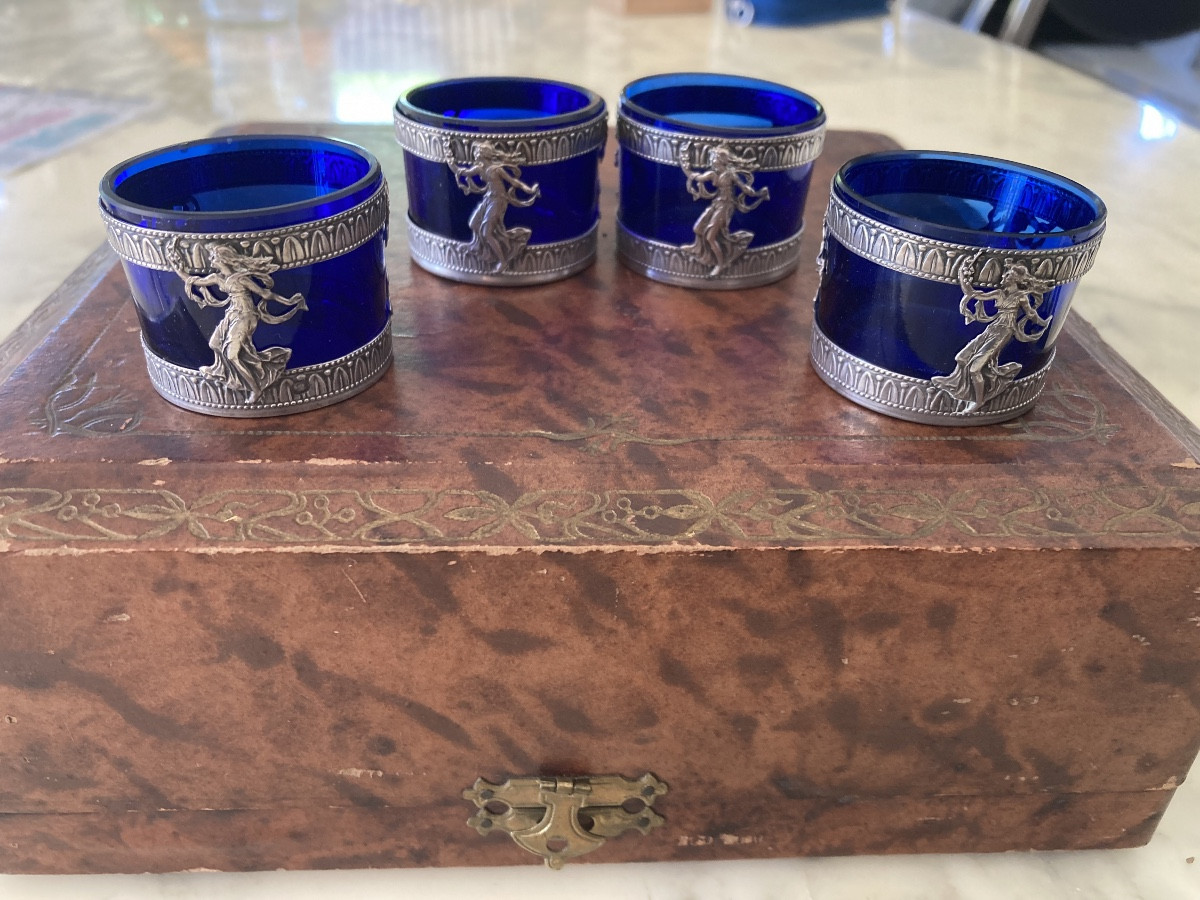 Salières en argent et verre bleu fin XIXEME -photo-1