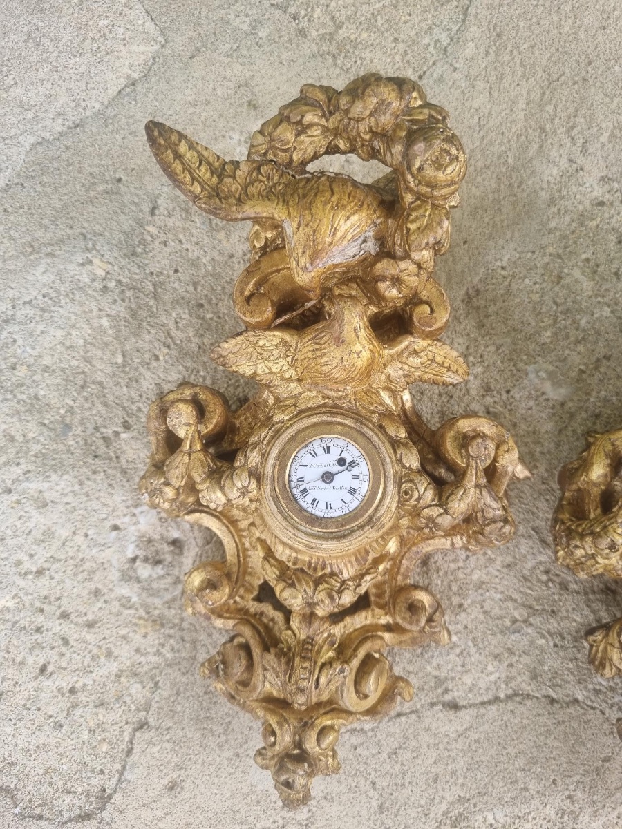Paire de petits cartels en bois doré 18ème siecle-photo-3