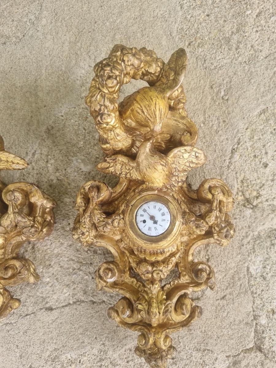 Paire de petits cartels en bois doré 18ème siecle-photo-4