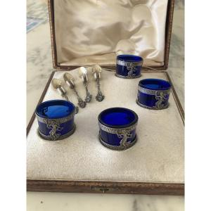Salières en argent et verre bleu fin XIXEME 