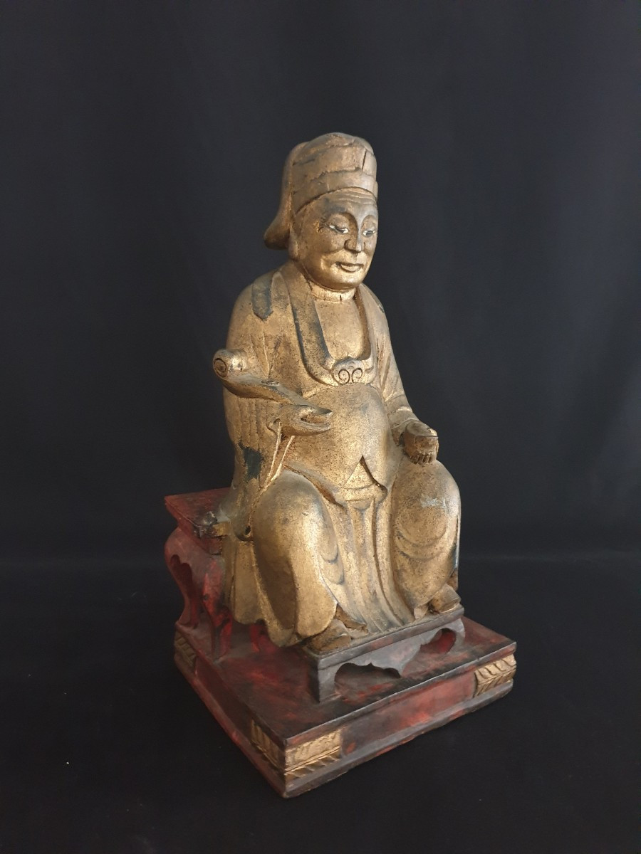 Chine - Dignitaire assis en bois doré - 40 cm-photo-2