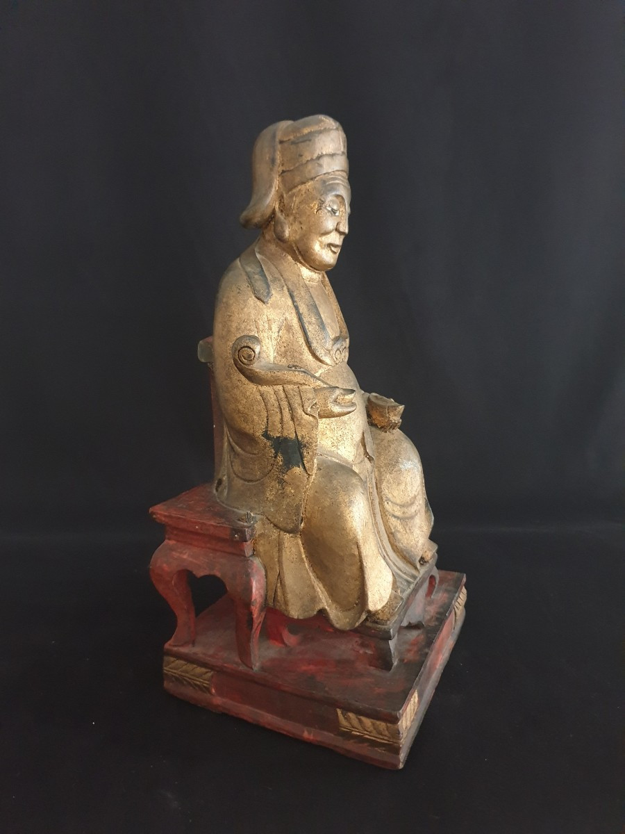 Chine - Dignitaire assis en bois doré - 40 cm-photo-3