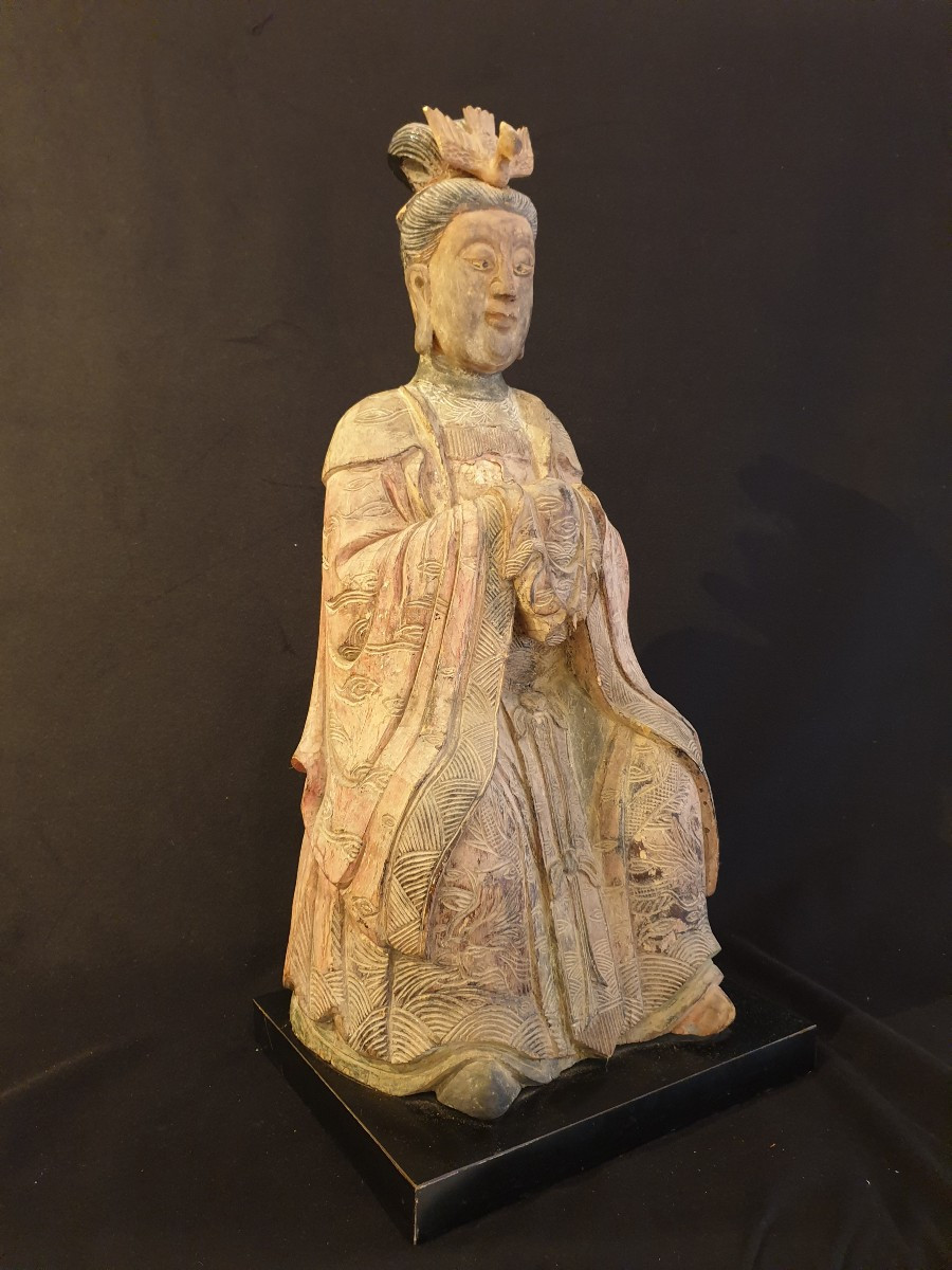 China - Guanyin Seated In Polychrome Wood - 70 Cm-photo-2