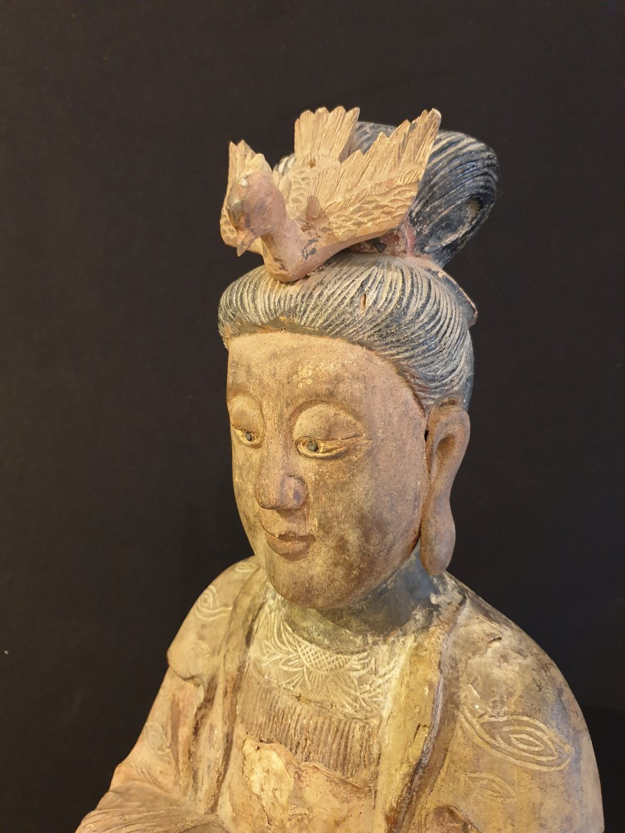 China - Guanyin Seated In Polychrome Wood - 70 Cm-photo-5