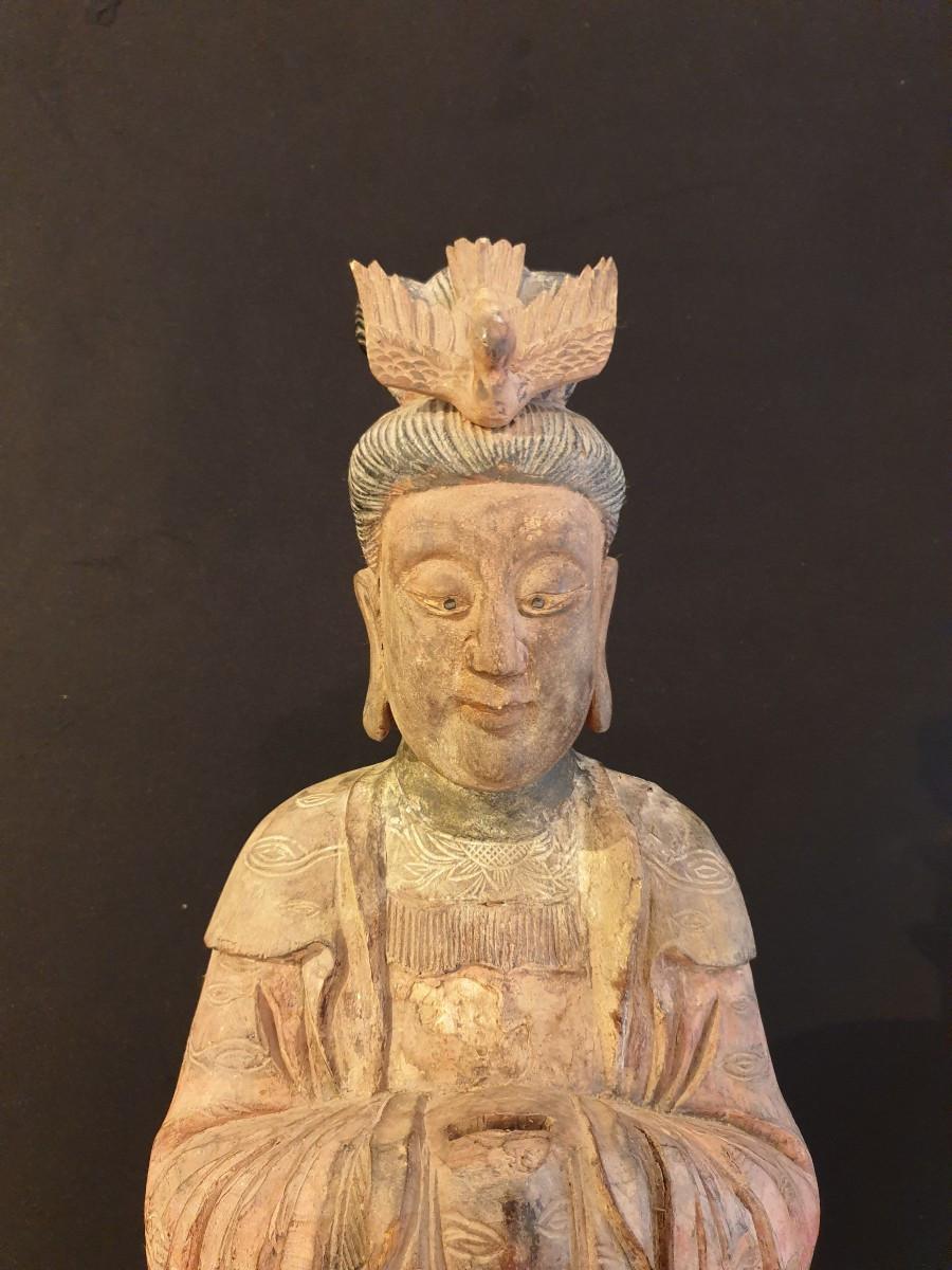 China - Guanyin Seated In Polychrome Wood - 70 Cm-photo-6