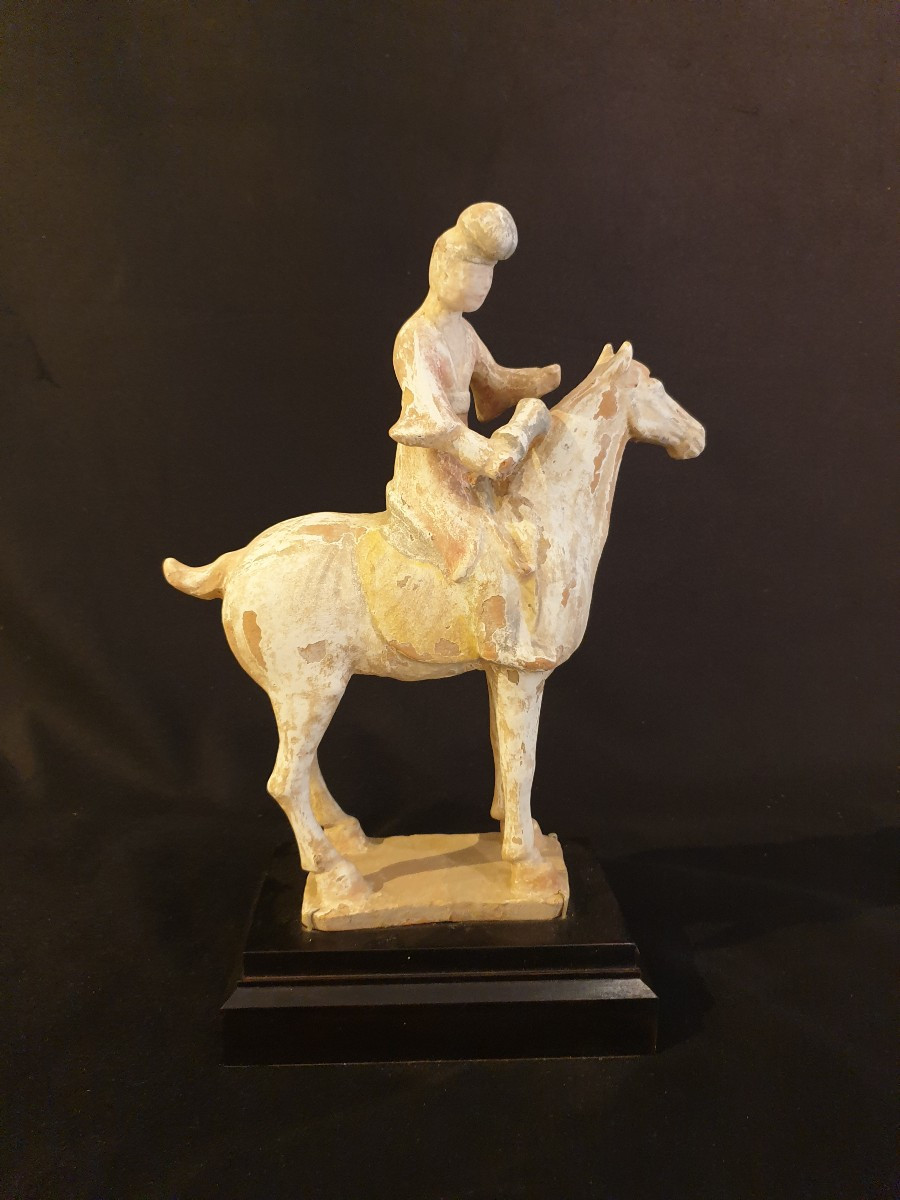 Chine époque Tang (618-907) - musicienne à cheval (tambourin) - H 35 cm - avec test TL-photo-2