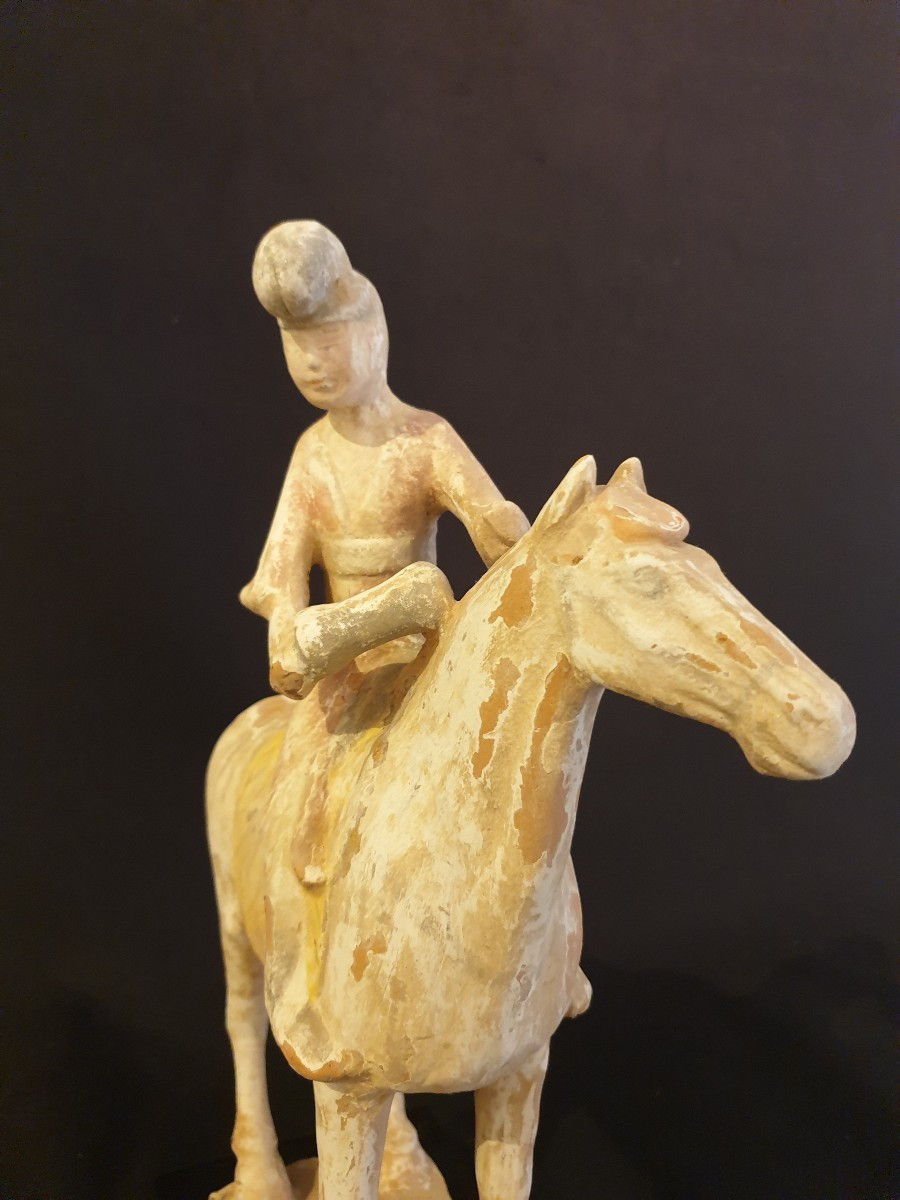 Chine époque Tang (618-907) - musicienne à cheval (tambourin) - H 35 cm - avec test TL-photo-3