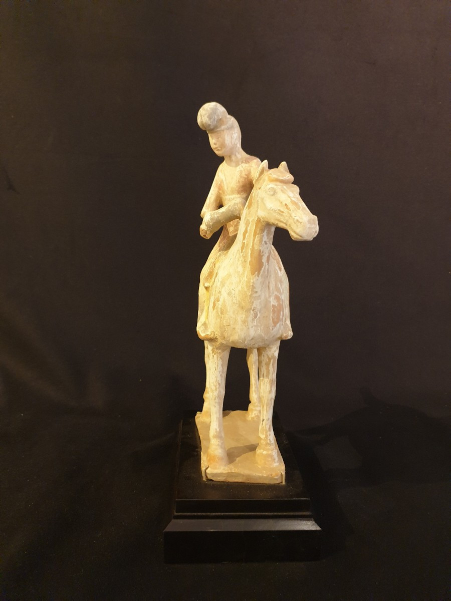 Chine époque Tang (618-907) - musicienne à cheval (tambourin) - H 35 cm - avec test TL-photo-4