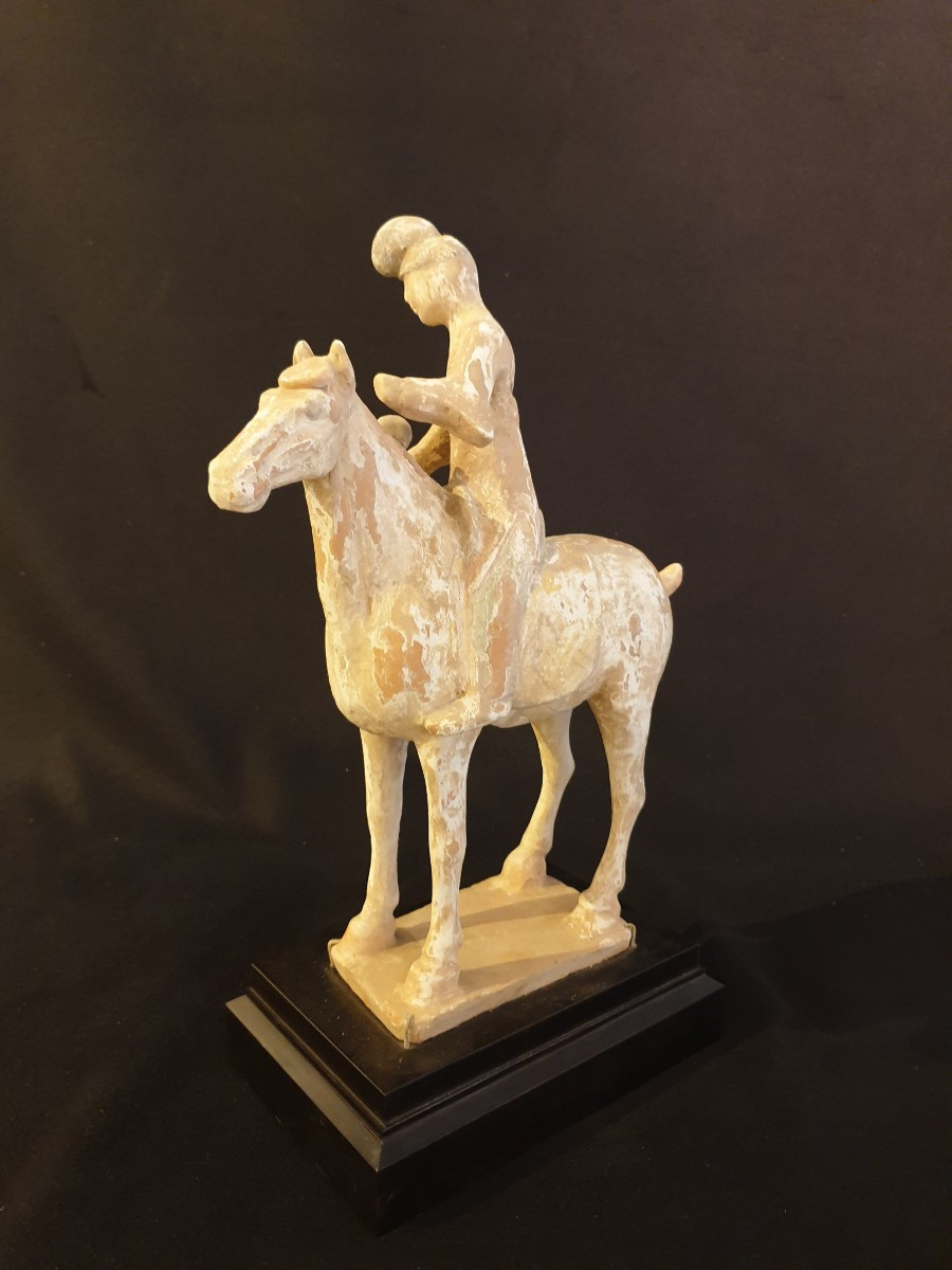 Chine époque Tang (618-907) - musicienne à cheval (tambourin) - H 35 cm - avec test TL-photo-1