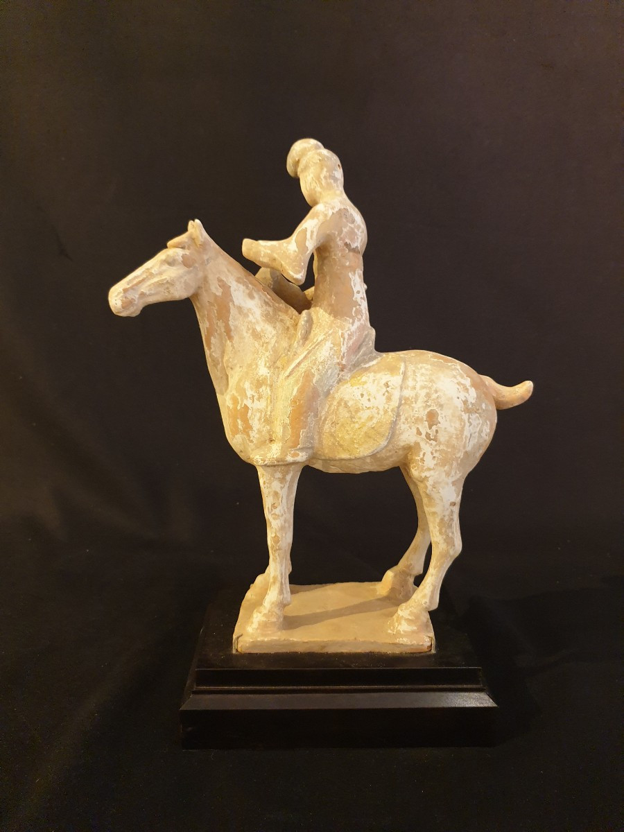 Chine époque Tang (618-907) - musicienne à cheval (tambourin) - H 35 cm - avec test TL-photo-2