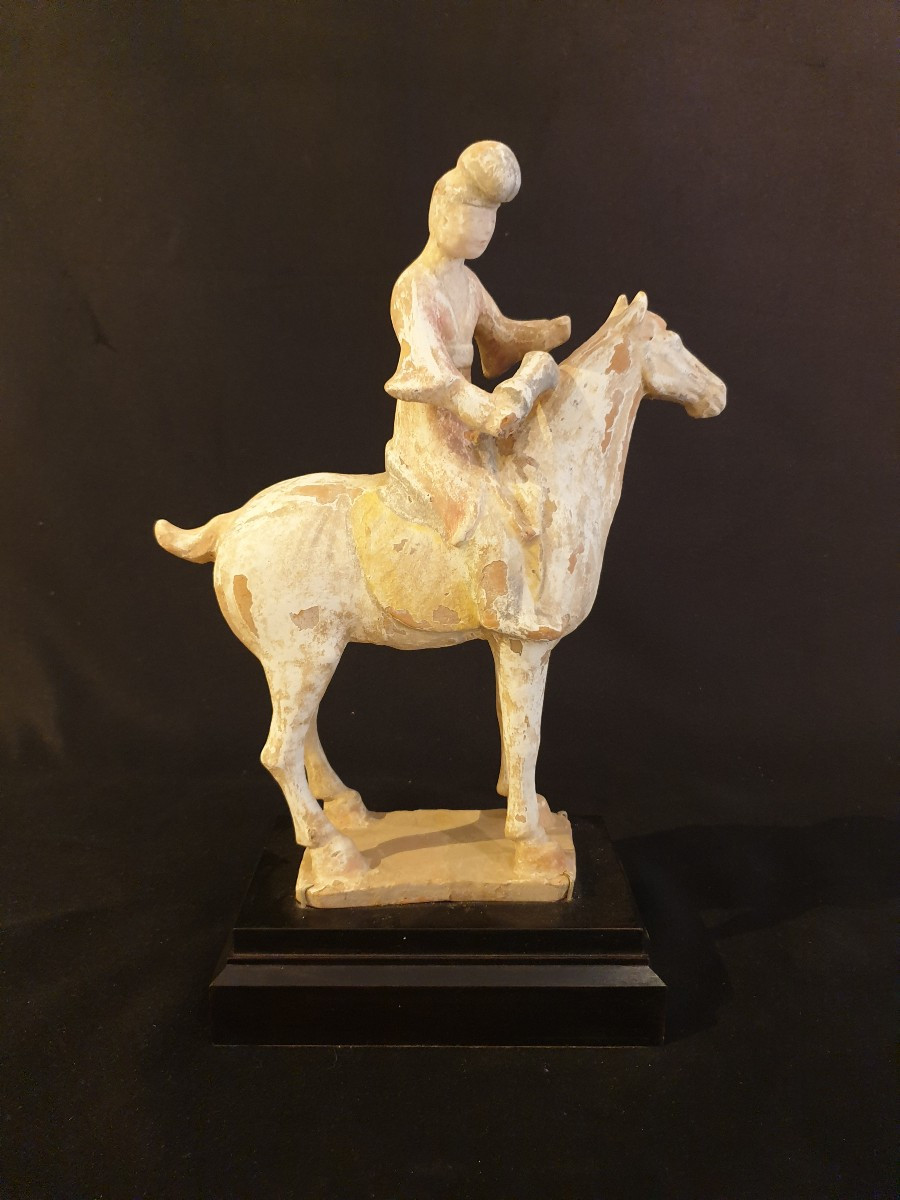 Chine époque Tang (618-907) - musicienne à cheval (tambourin) - H 35 cm - avec test TL-photo-4