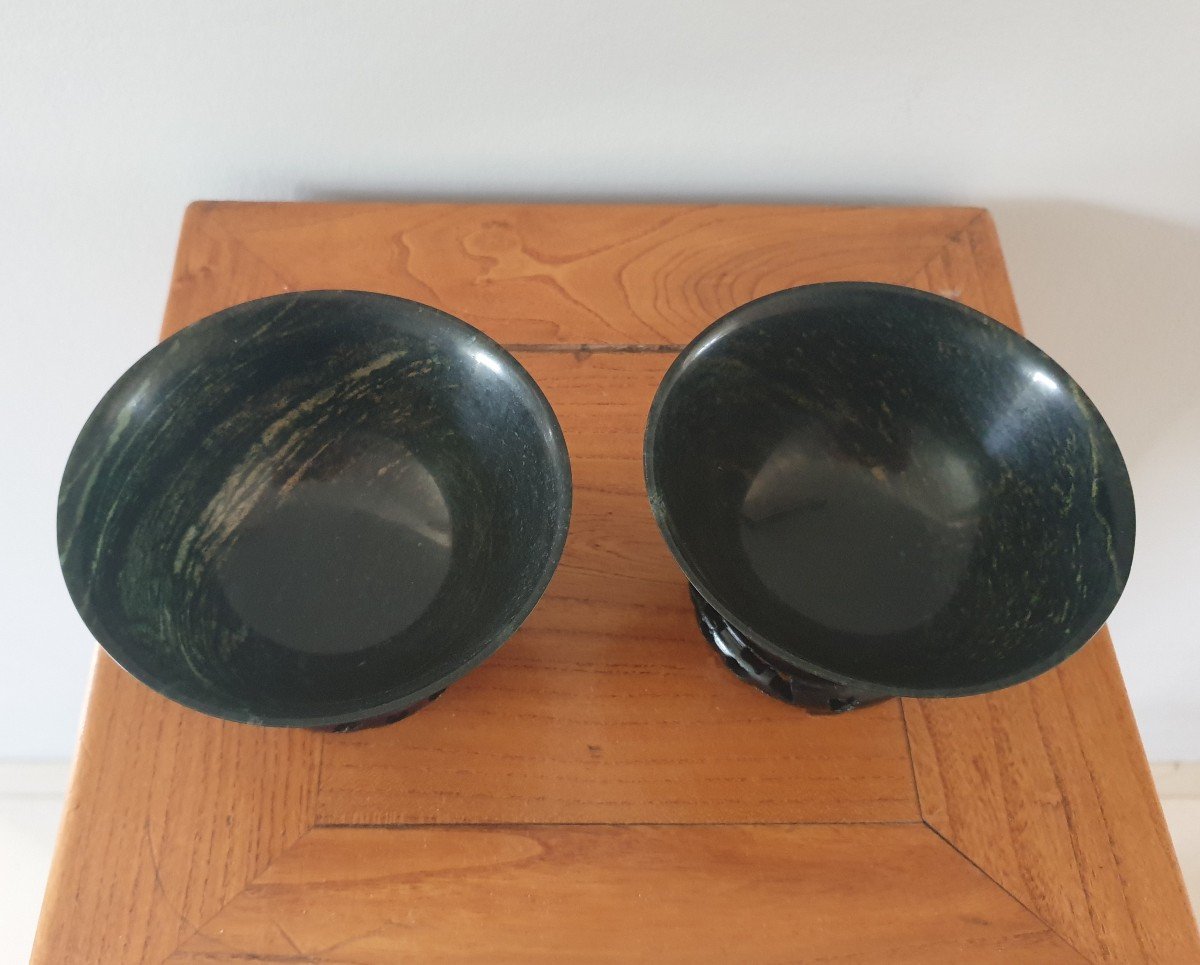Chine - Paire De Bols En Jadéite Vert Sombre-photo-3